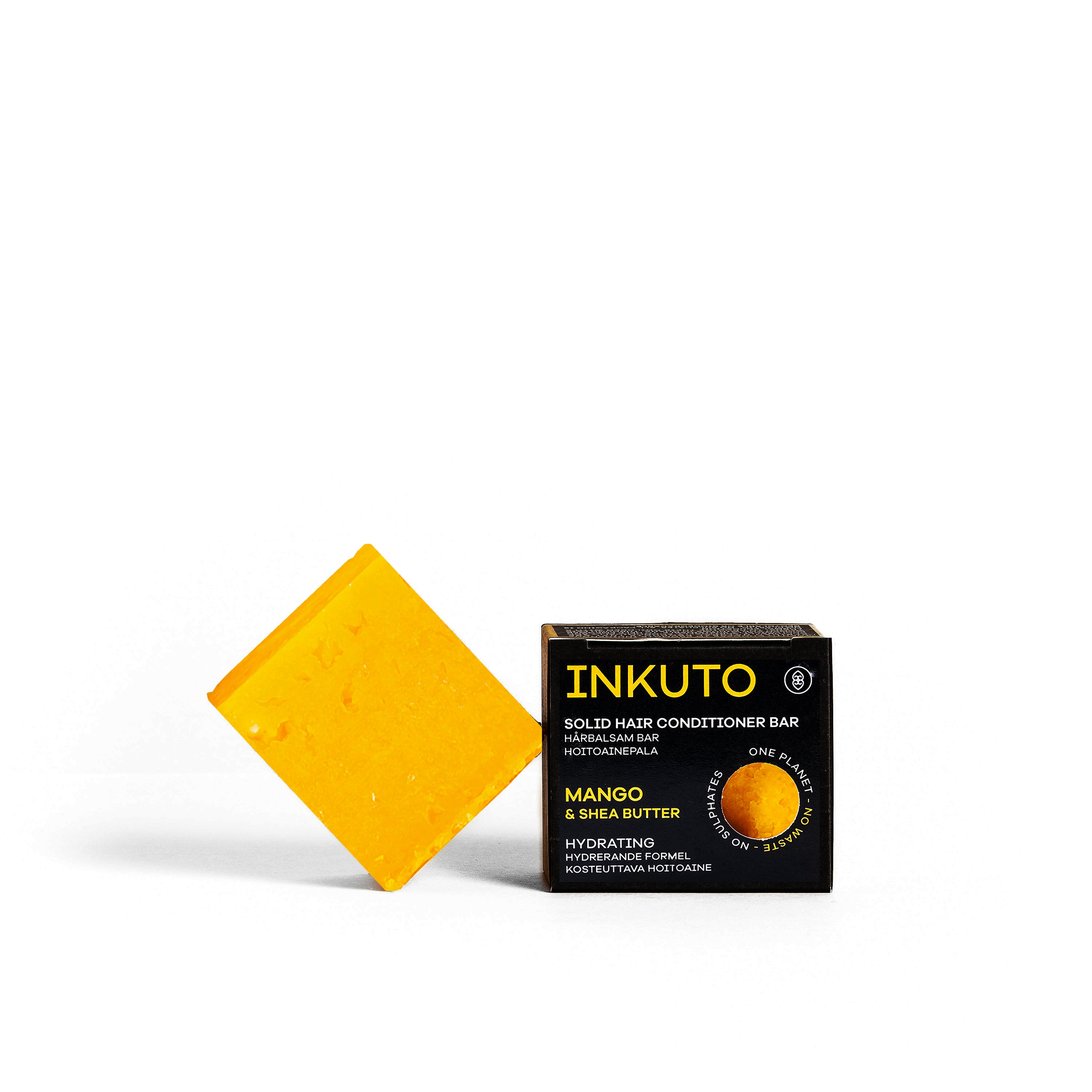A solid conditioner bar next to its packaging box, with the brand INKUTO and Mango & Shea Butter prominently displayed.