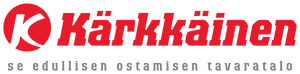 The Kärkkäinen logo in red and white, with the text 'se edullisen ostamisen tavaratalo' in gray underneath, set against a solid black background.